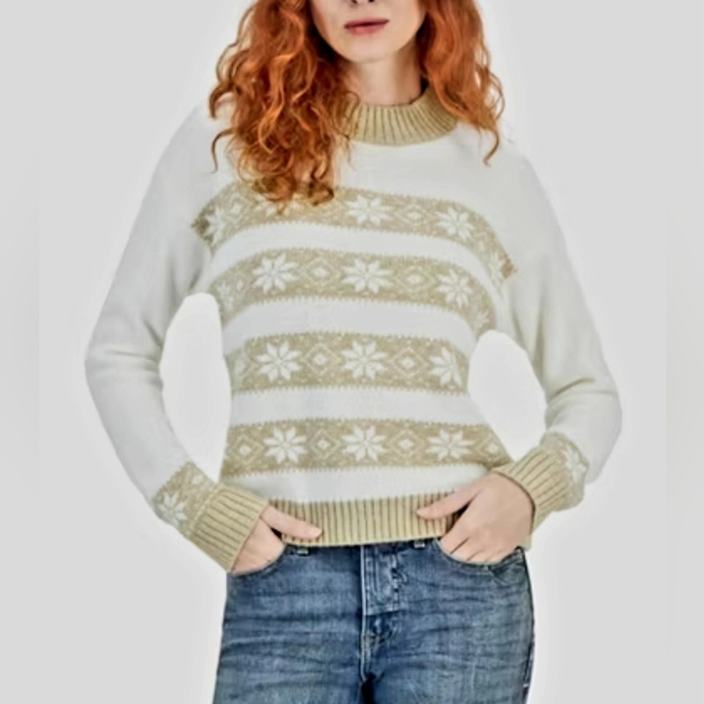 Tommy Hilfiger Gold/White Fair Isle Sweater, Women's Large, Snowflakes/Stripes